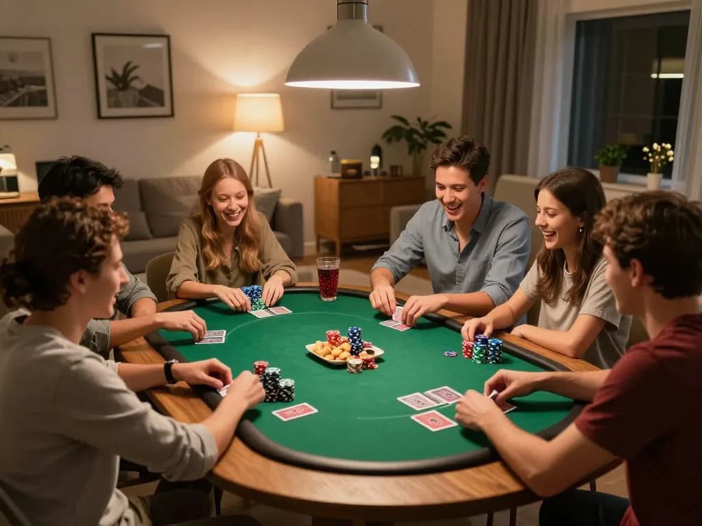 Friends enjoying a poker game at home, showcasing strategic gameplay and camaraderie while engaging with congaden.