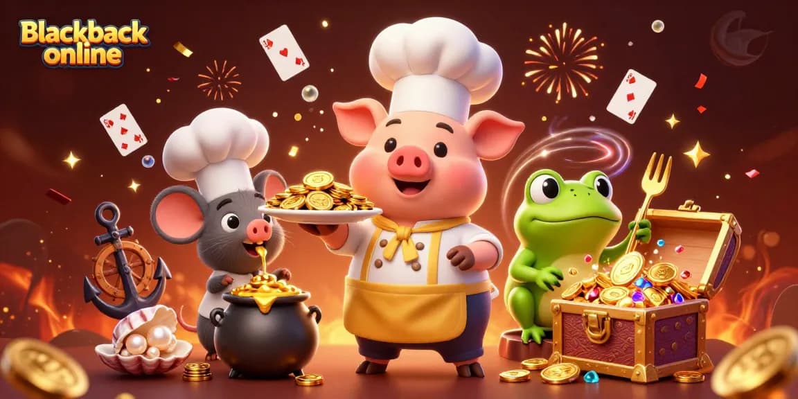 Experience the excitement of blackjack online in a vibrant 3D casino scene filled with gold coins and characters.
