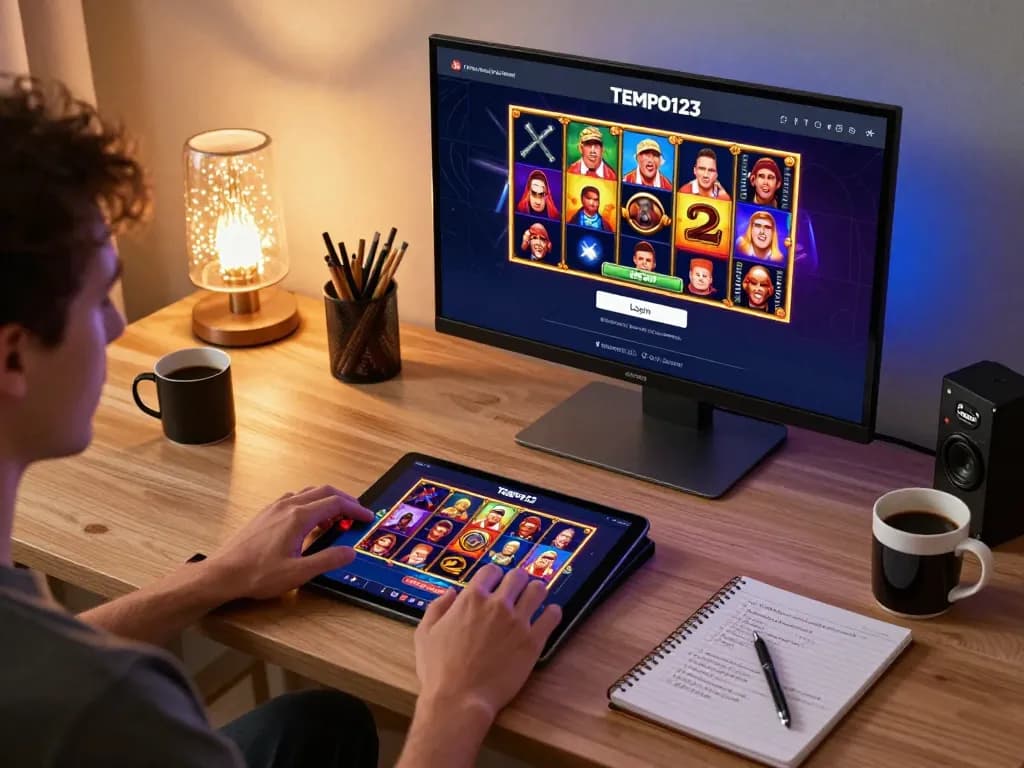 Pengguna yang terlibat mengakses Login Tempo123 untuk permainan slot online, menampilkan suasana gameplay yang cerah.