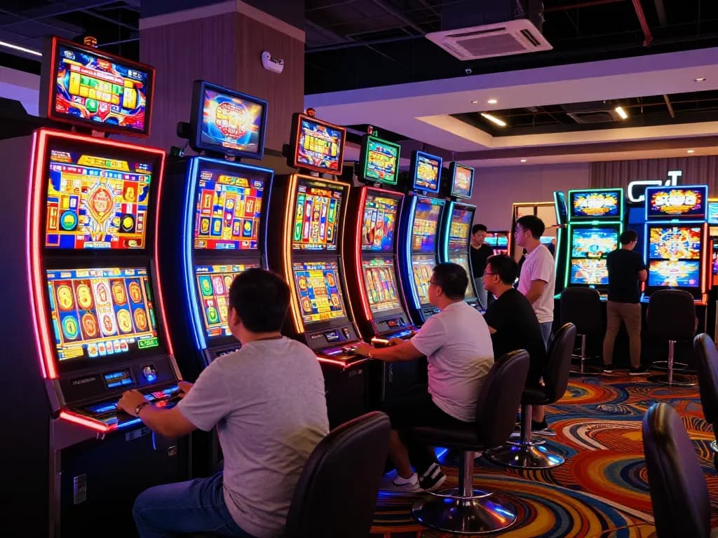 Players engaging with vibrant tg88 slot machines, creating an exciting casino atmosphere
