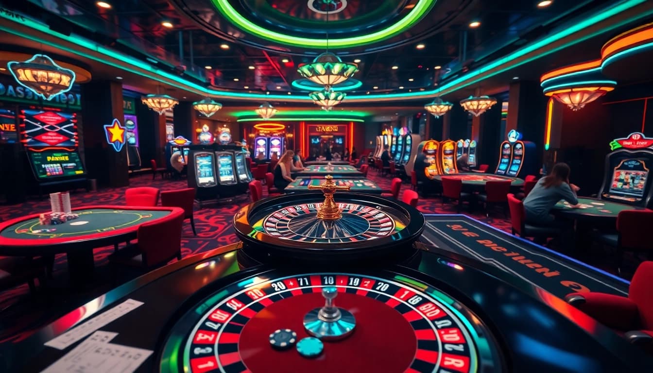 Experience thrilling games at https://www.bdtk66.my/ with players at poker tables and a vibrant casino floor.