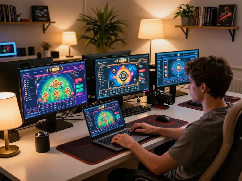 Lô đề online gaming on a laptop in a cozy home office, showcasing strategic gambling environment