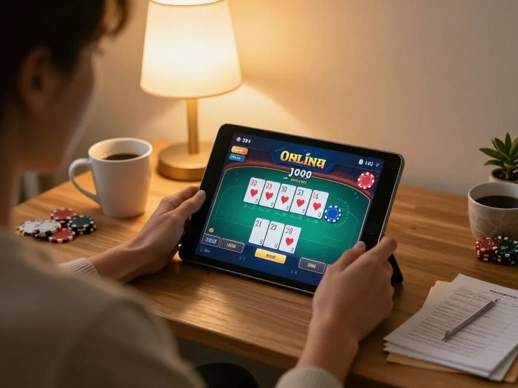 Engaging with tải app lode88 on a tablet while enjoying a cozy home gaming experience with cards on screen