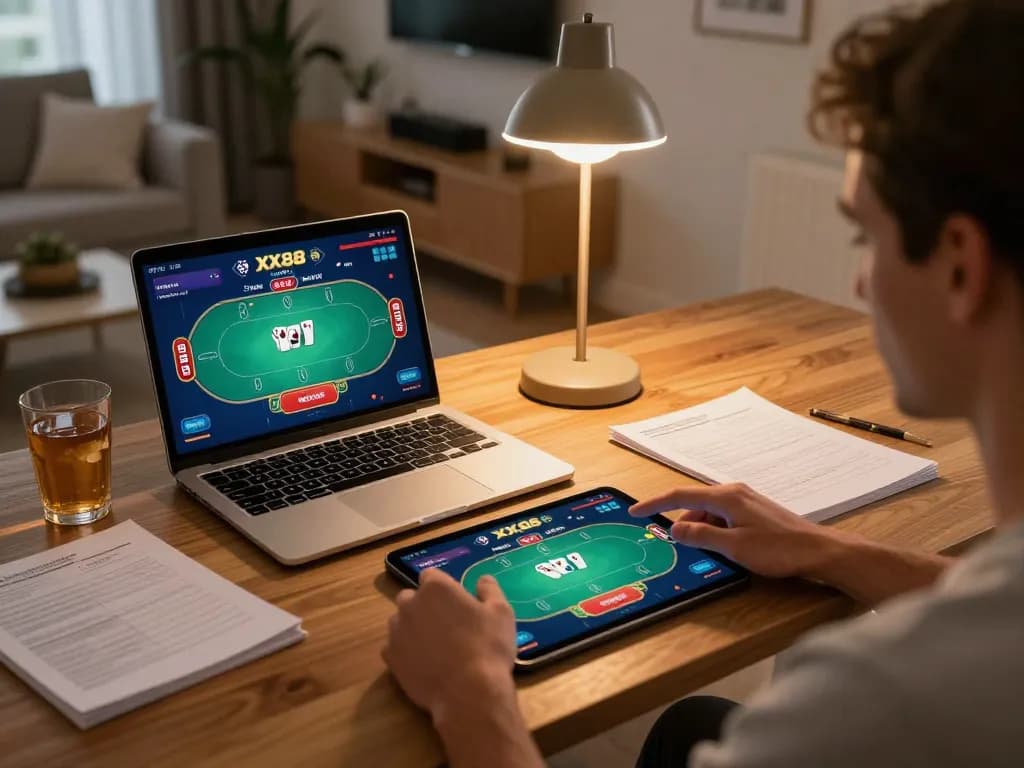 Engaging in XX88 online casino gaming on a tablet while surrounded by notes and a drink
