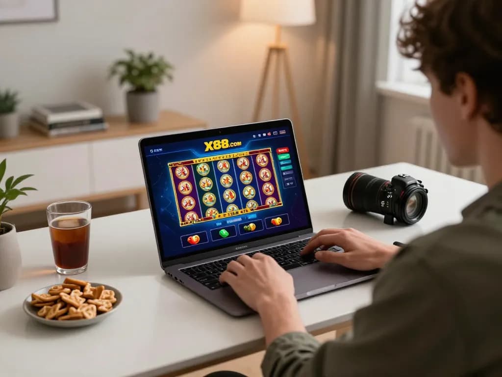 A player enjoying online gaming on X88.COM while strategizing with chips and drinks around.