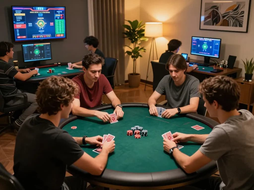 Engaged players enjoying poker on VN23 online platform in a modern home setting.