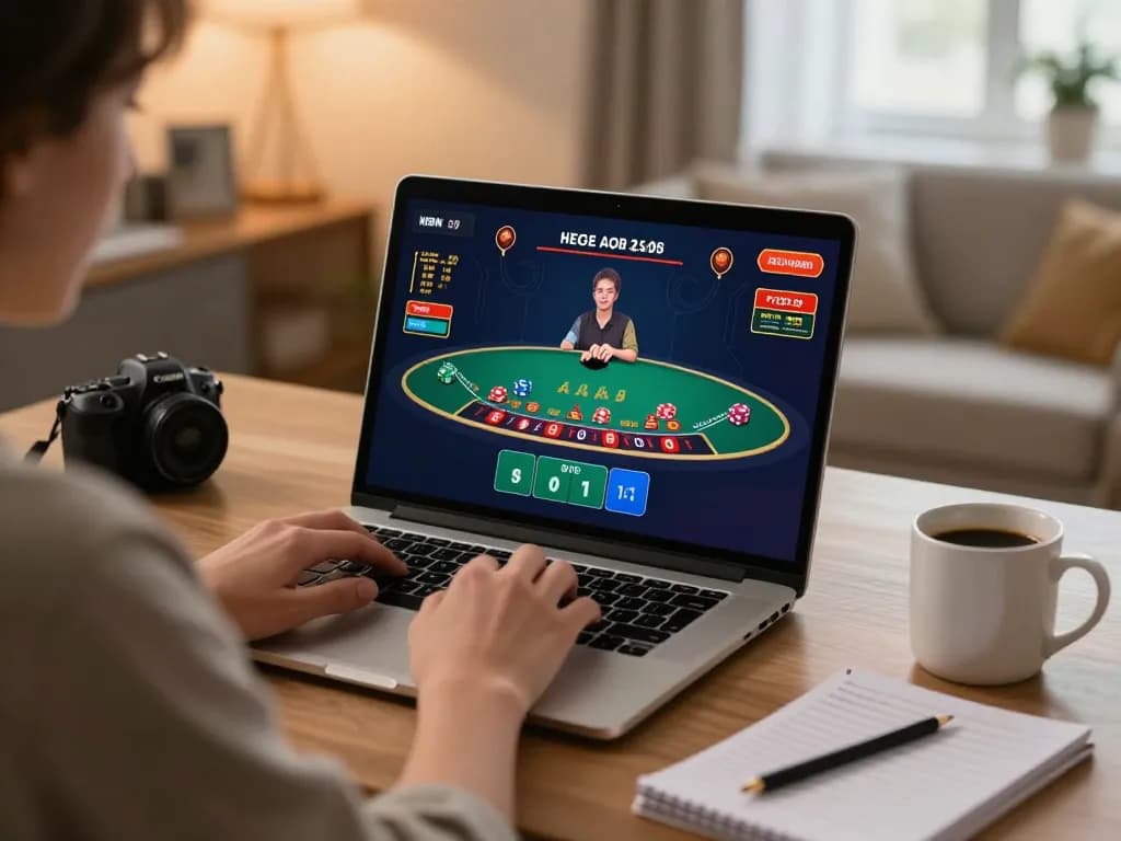 Player enjoying an online hi88 blackjack game at home, showcasing strategic gaming and immersive experience.