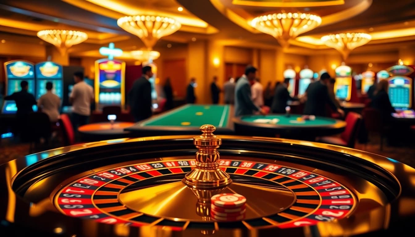 Experience the thrill of RR88 casino's luxurious gambling scene, featuring roulette and poker tables.