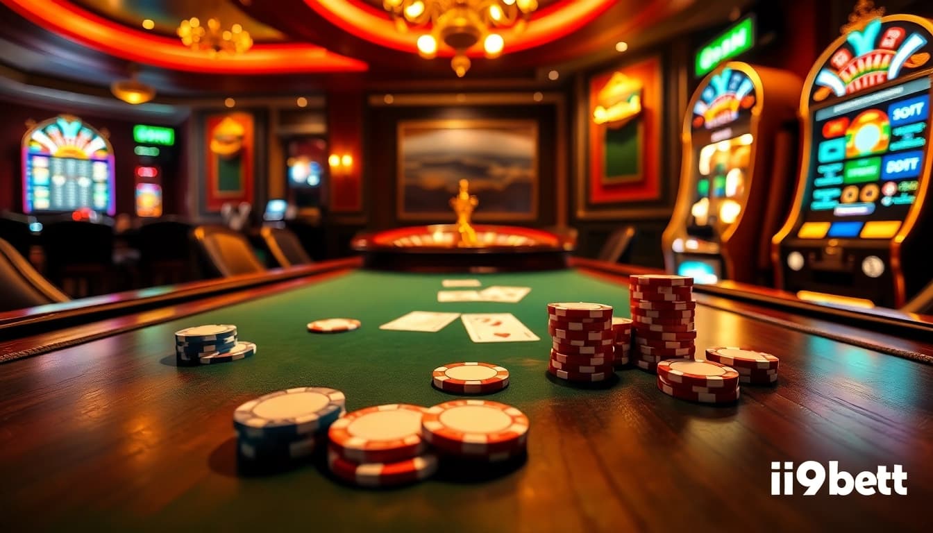 Engaging poker game with i9bet chips and cards at a luxurious casino table.