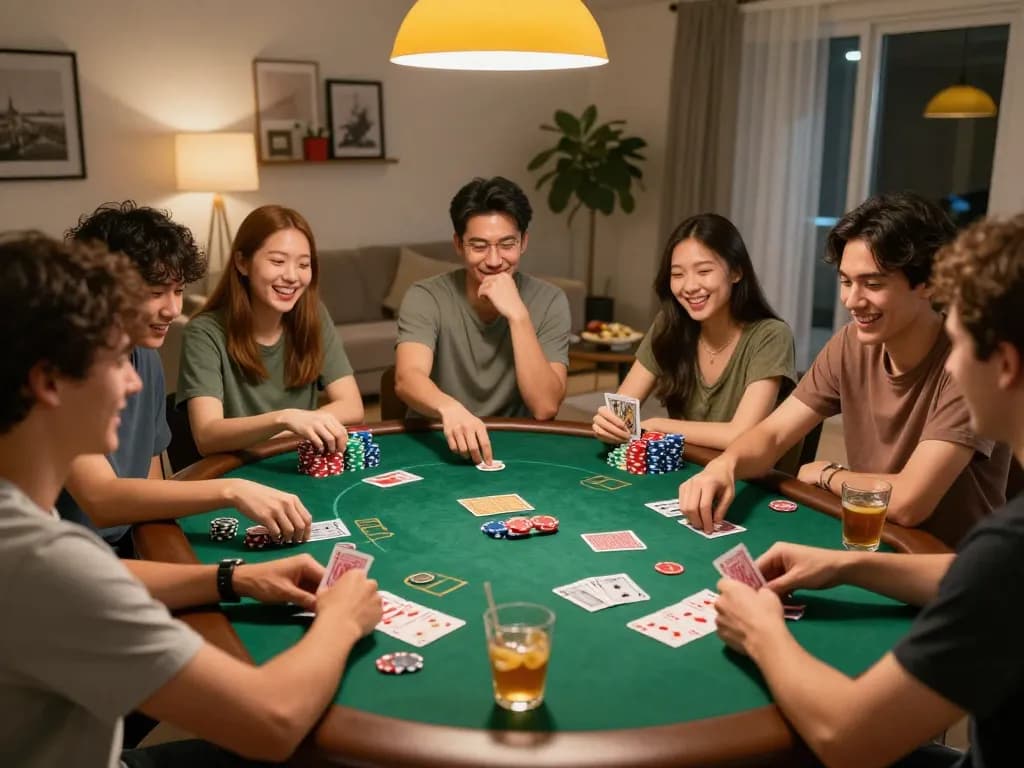 Engaged friends enjoying a poker night at home, with vibrant atmosphere showcasing 7-hd.