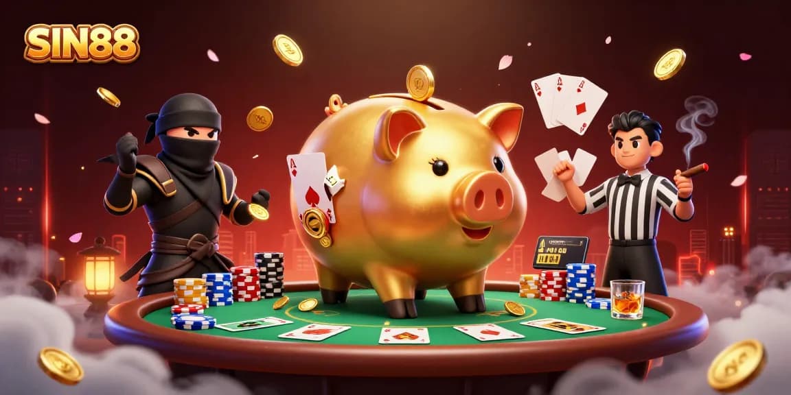 SIN88 showcases an extravagant casino scene with playful characters in an action-packed poker showdown.