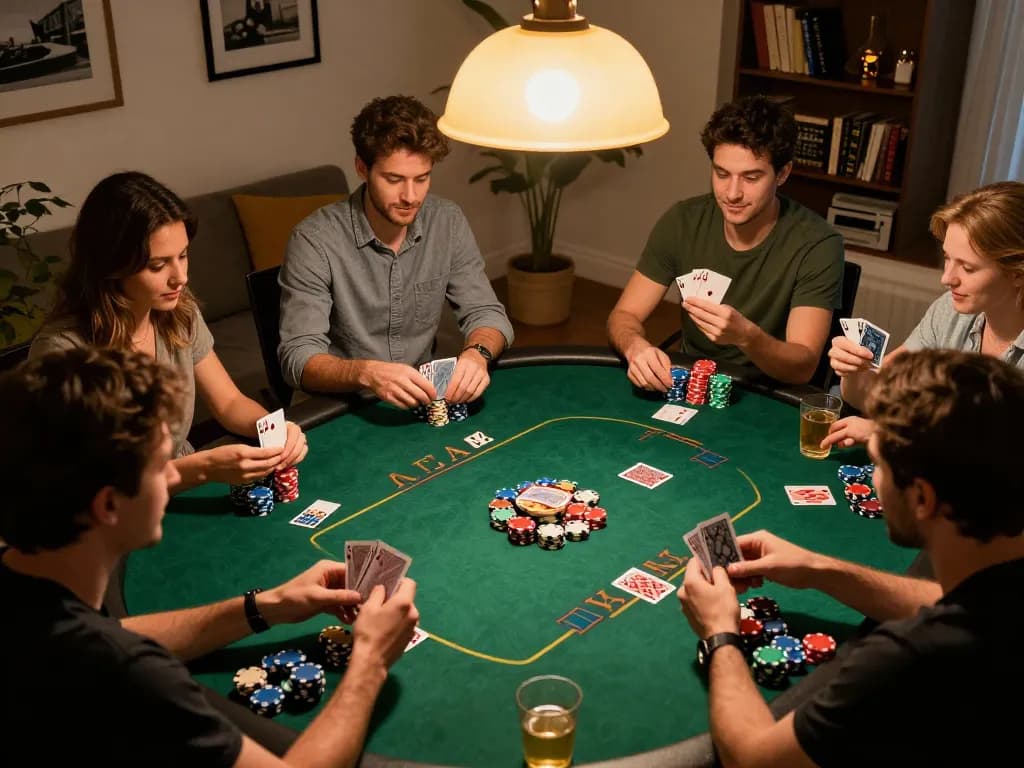 KJC poker night with friends playing Texas Hold'em, colorful chips, warm home atmosphere.