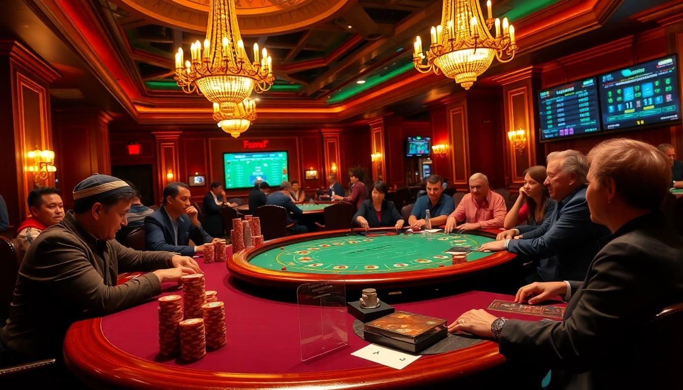 Engage in thrilling kqbd poker action with vibrant chips and dramatic lighting in an upscale casino.