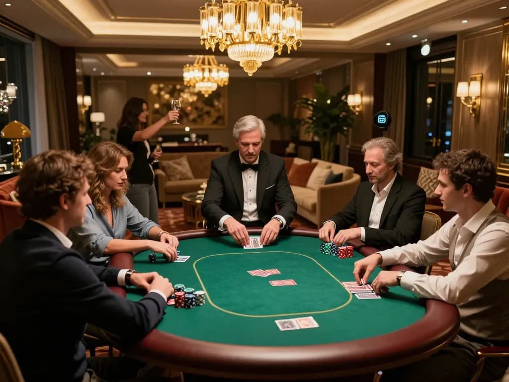 Players engaging in a high-stakes poker game at iWin's exclusive room, showcasing luxury and strategy