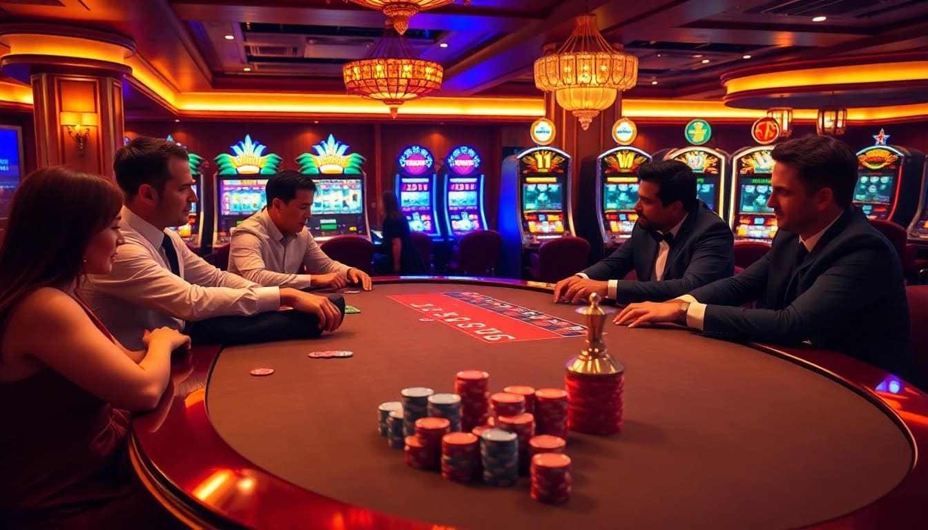 Experience thrilling poker action at 88vv with luxurious gaming tables and vibrant slot machines.