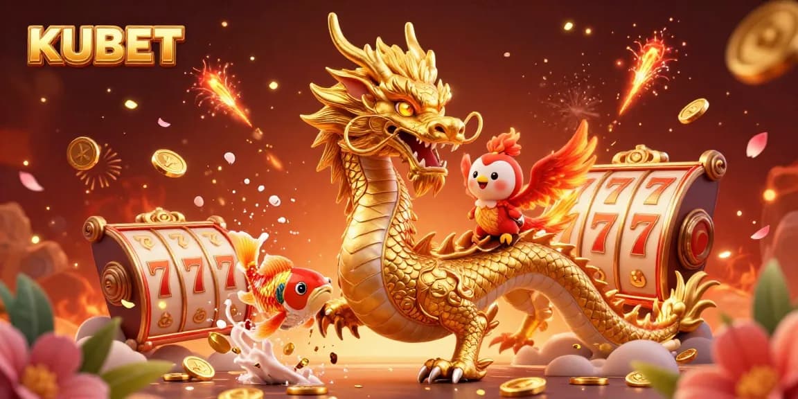 KUBET offers an exciting gaming experience featuring a golden dragon, phoenix, and vibrant slot symbols.
