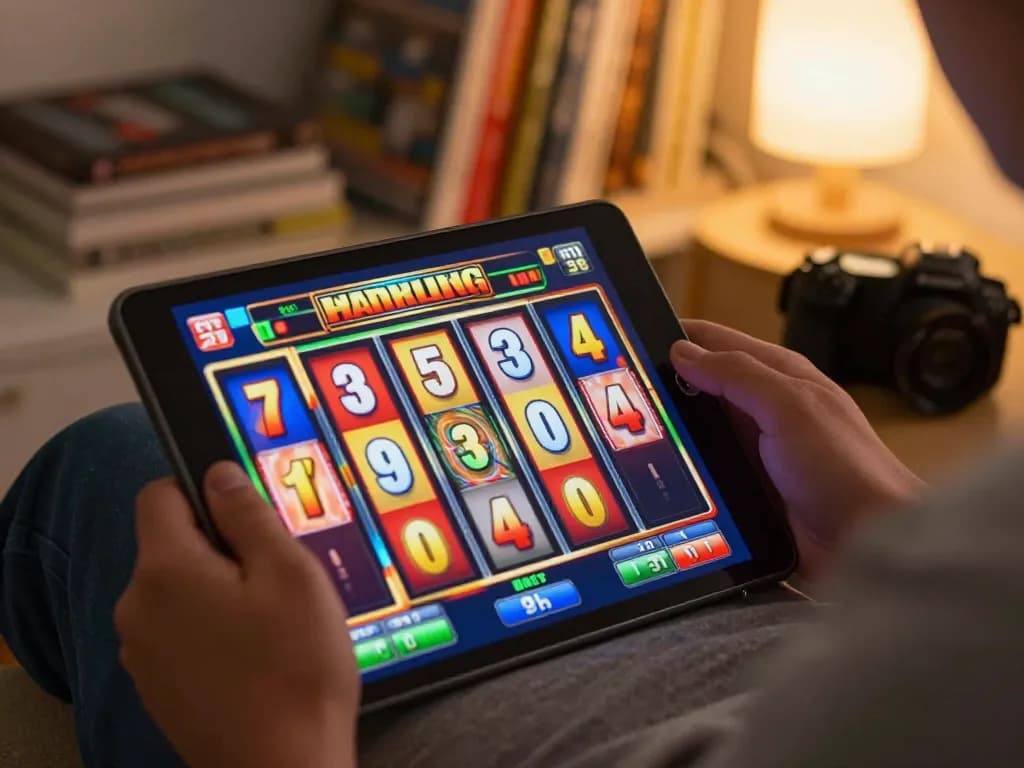 Player experiencing excitement at situs gacor while enjoying online slot games on their tablet at home