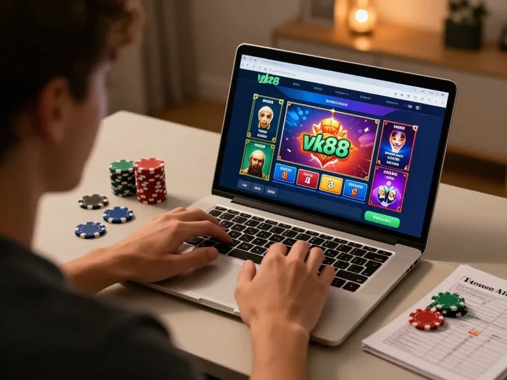 Player using vk88 casino app on laptop in a cozy home gaming setup.