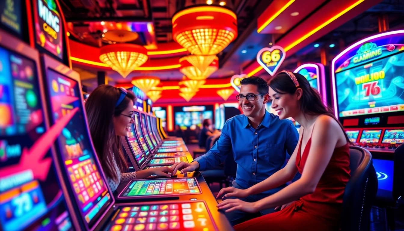 Exciting gaming atmosphere at 66club, featuring vibrant slot machines and engaged players.