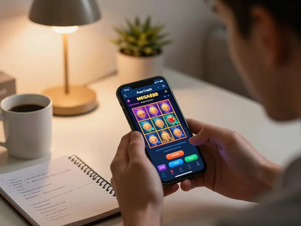 Engaging in free credit mega888 mobile gaming, a player explores exciting slots with strategic notes nearby.