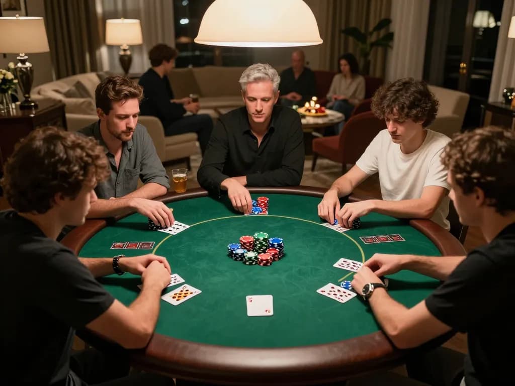 kp88 poker game in a luxurious home with friends enjoying Texas Hold'em strategy.