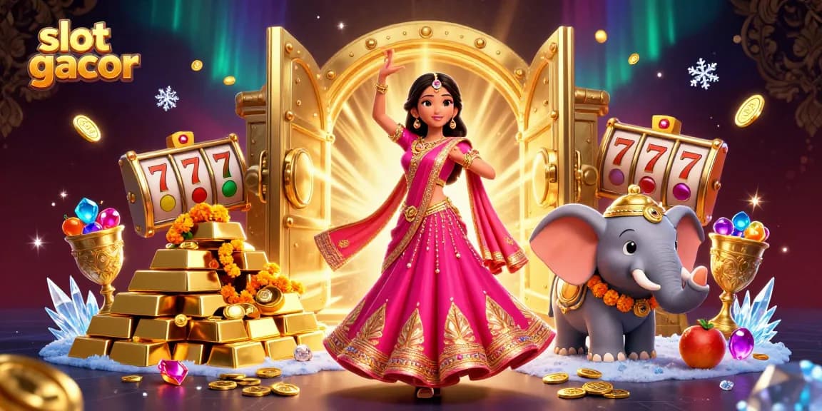 Spin the reels on slot gacor with stunning visuals of a Bollywood-themed celebration and jewels.