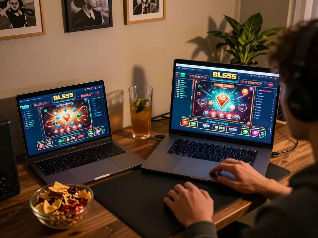 Individual enjoying Bl555 gaming experience on a laptop in a cozy home environment