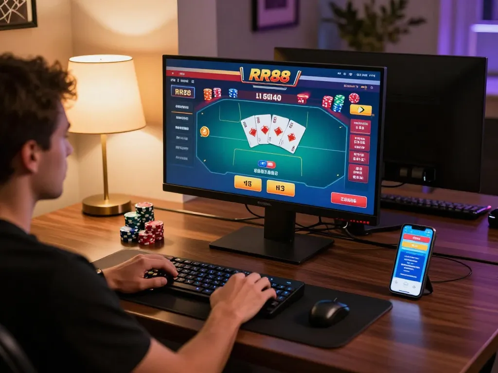 Engaged player mastering RR88 online poker gameplay at home setup with dynamic visuals.