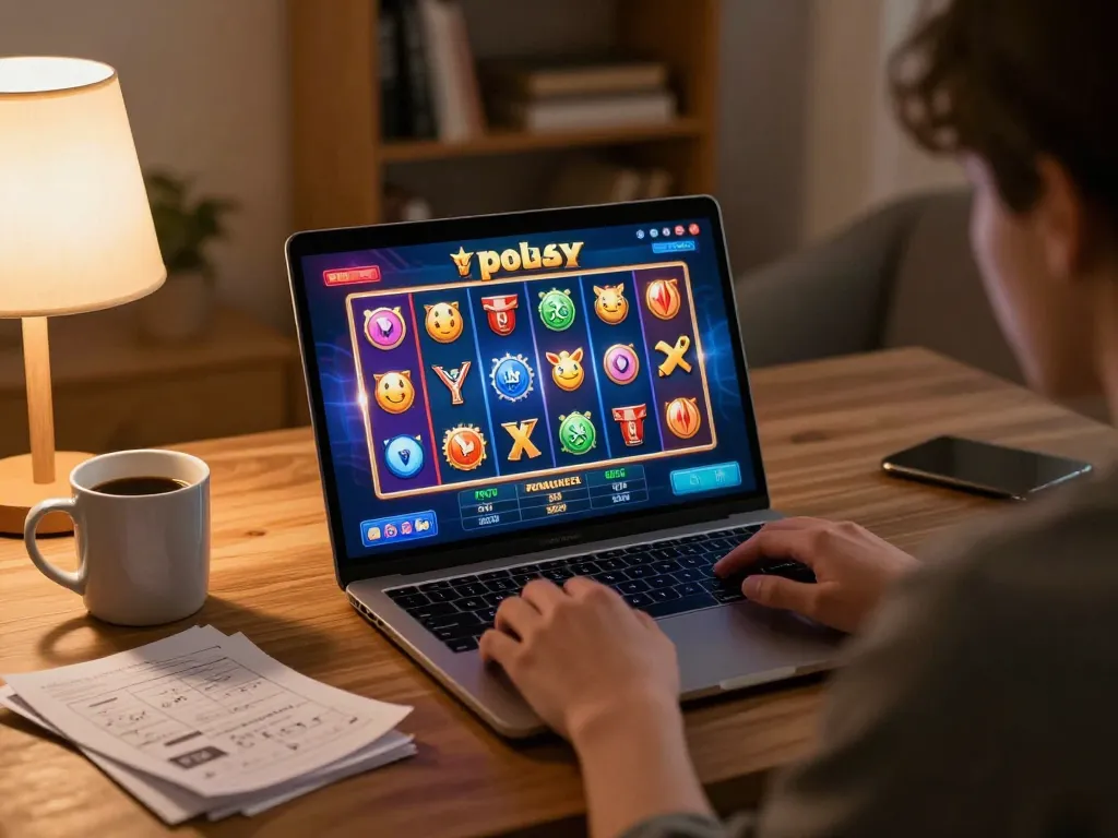 Terlibat dalam permainan slot pulsa di laptop dalam suasana rumah yang nyaman