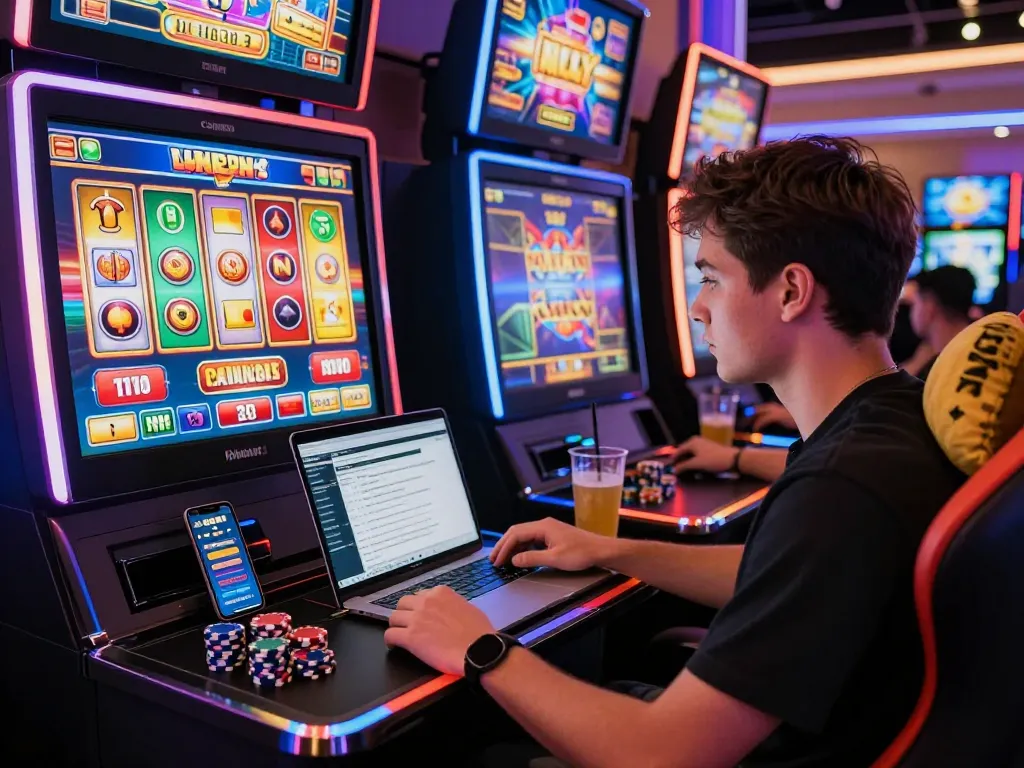 Pemain menikmati slot gampang menang di kasino online yang penuh warna, fokus pada permainan.