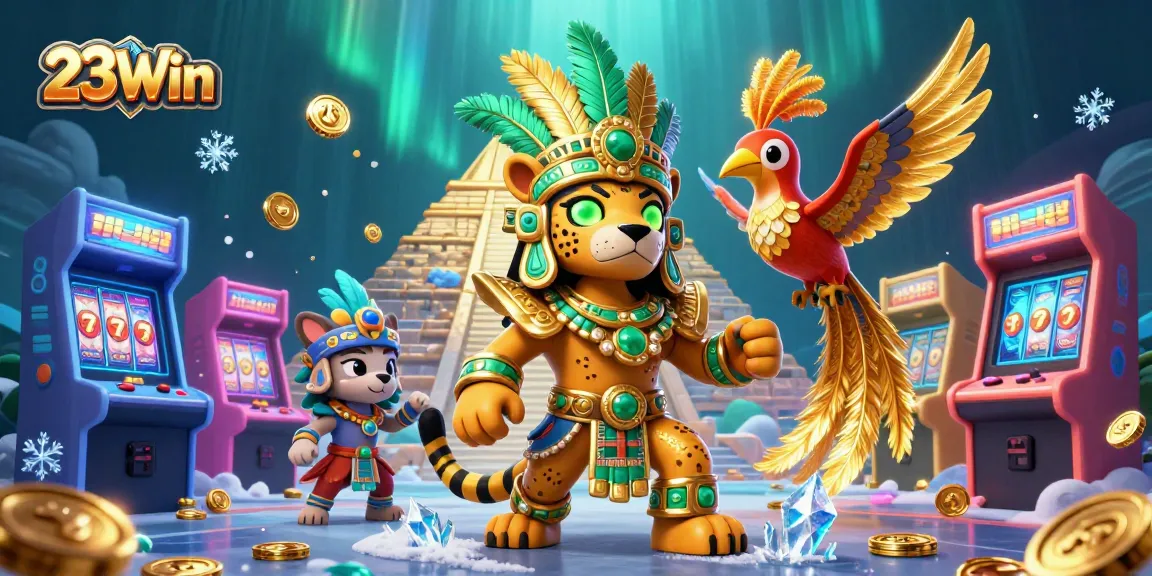 Experience the excitement of 23Win casino with dynamic 3D illustration featuring vibrant games and captivating characters.