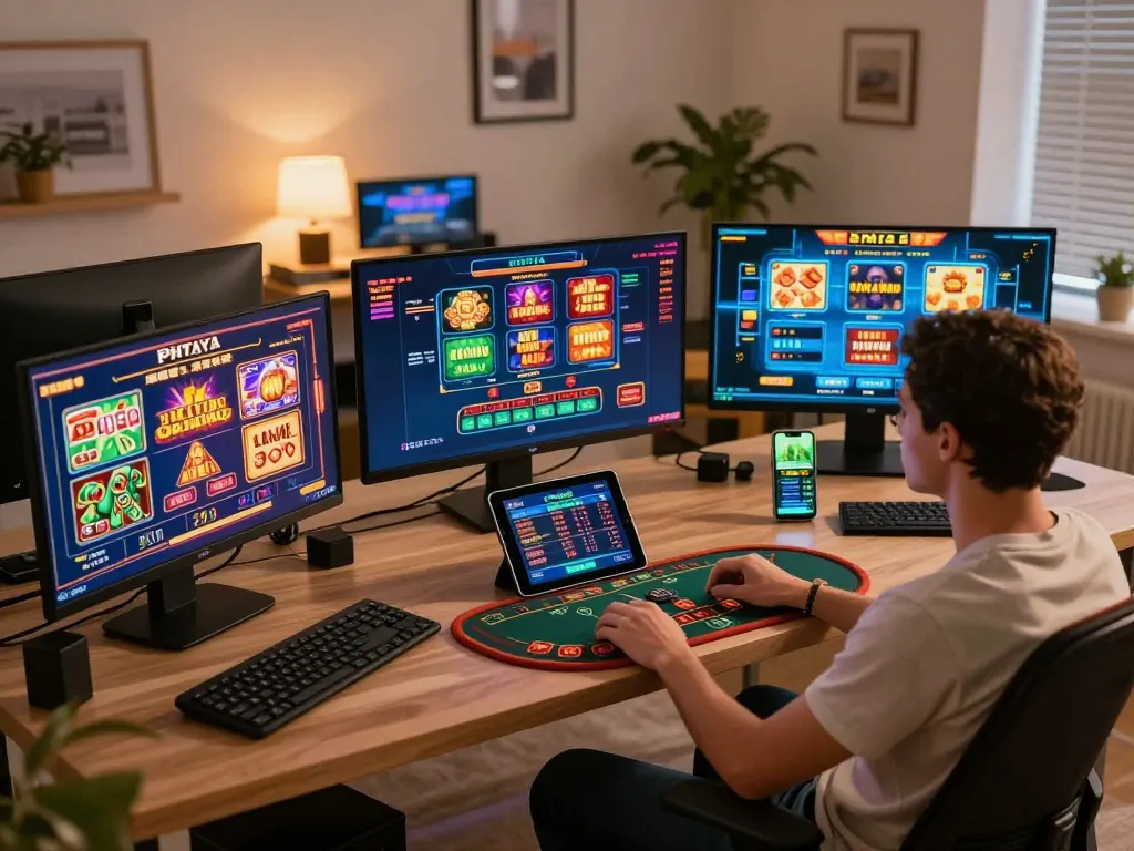 PHTAYA player engaging in live dealer casino and slot games on multiple devices.