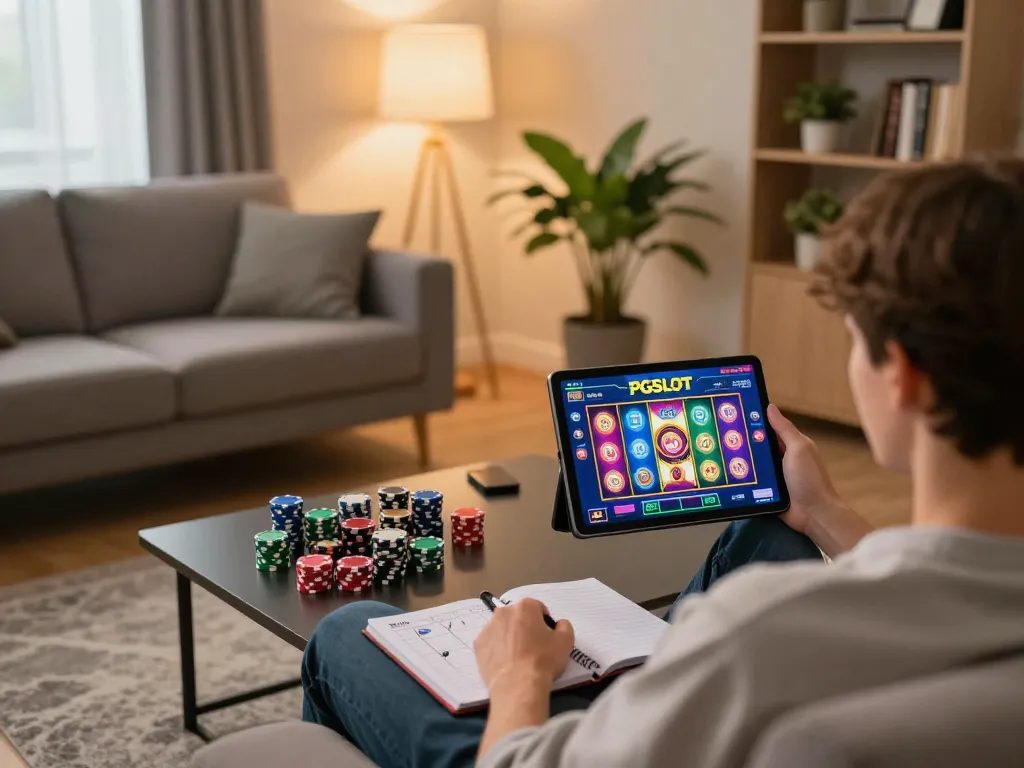 Player enjoying PGSLOT on a tablet in a cozy home setting with gaming strategies visible.
