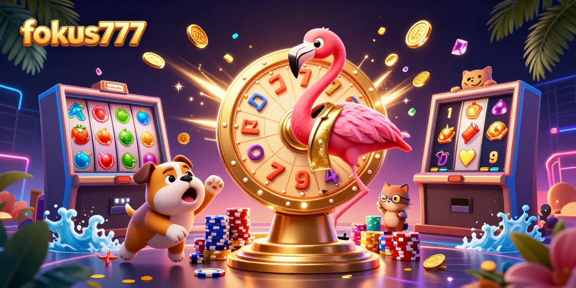 Engage with fokus777's thrilling slot games as a flamingo host and a bulldog contestant celebrate prizes.