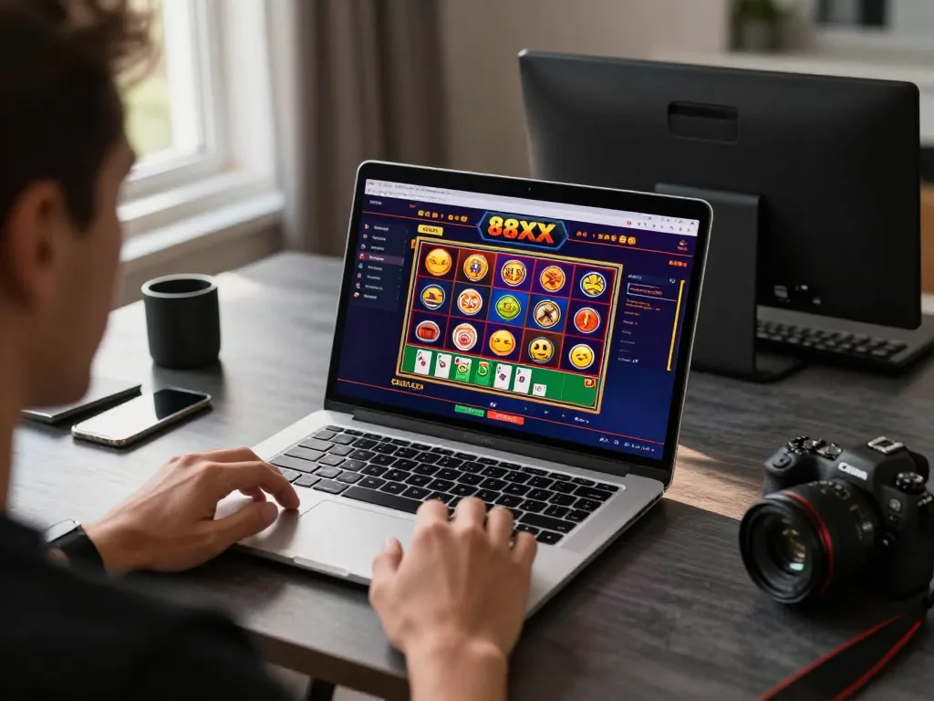 Engaging in online gaming with 88xx on a laptop, showcasing dynamic casino graphics and strategic gameplay.