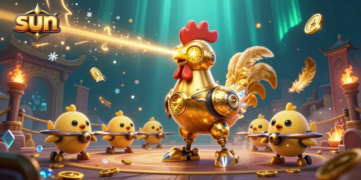 Experience thrilling gameplay at sun-themed casino with dazzling gold coins, robots, and dynamic action.