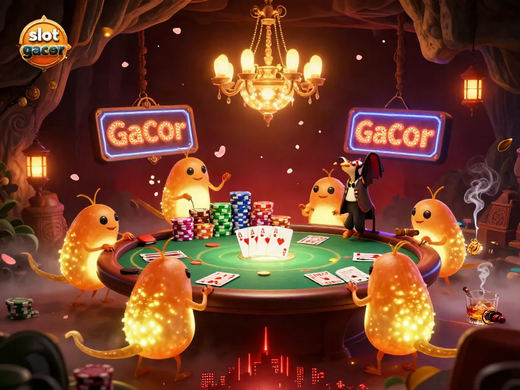 Slot gacor menyala di kasino gua, dikelilingi cahaya dan elemen permainan yang menonjol.