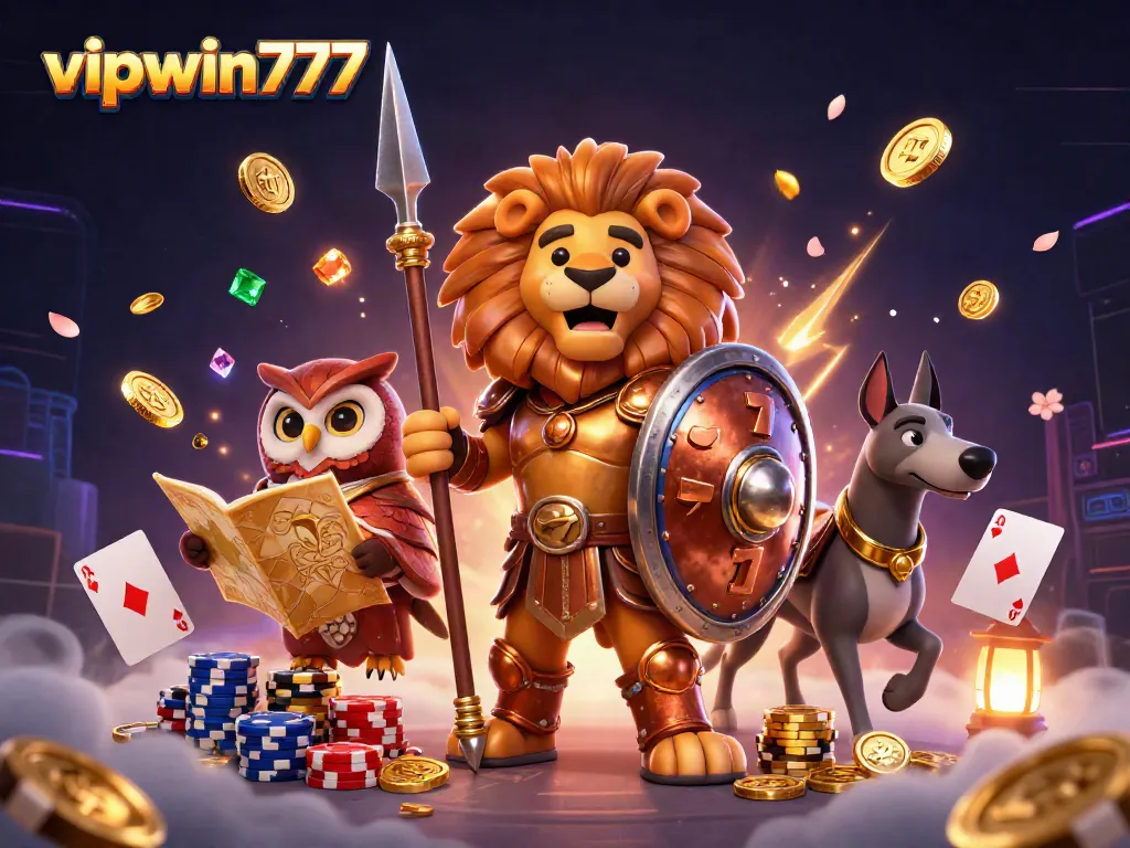 Engage with vipwin777 amidst a colorful casino-themed battlefield, featuring heroic characters and vibrant gaming elements.