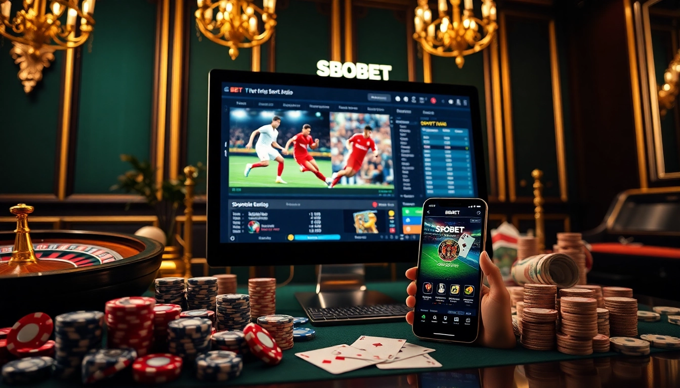 SBOBET online betting experience with soccer betting odds, poker chips, and a roulette wheel.