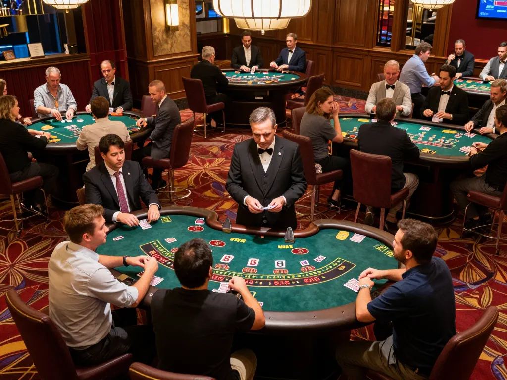 Players enjoying blackjack at nhà cái tr88 casino with professional dealers, vibrant atmosphere.
