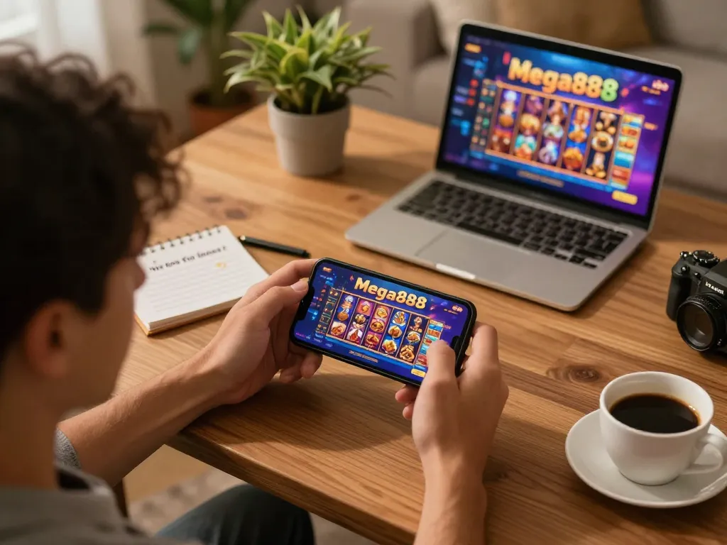 Player strategizing how to win mega888 slots at home using smartphone and notebook in a cozy setting.