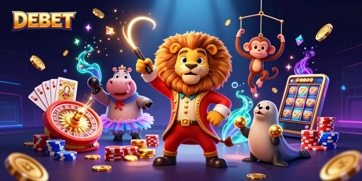 DEBET gaming excitement with vibrant characters and dynamic casino elements in a festive atmosphere