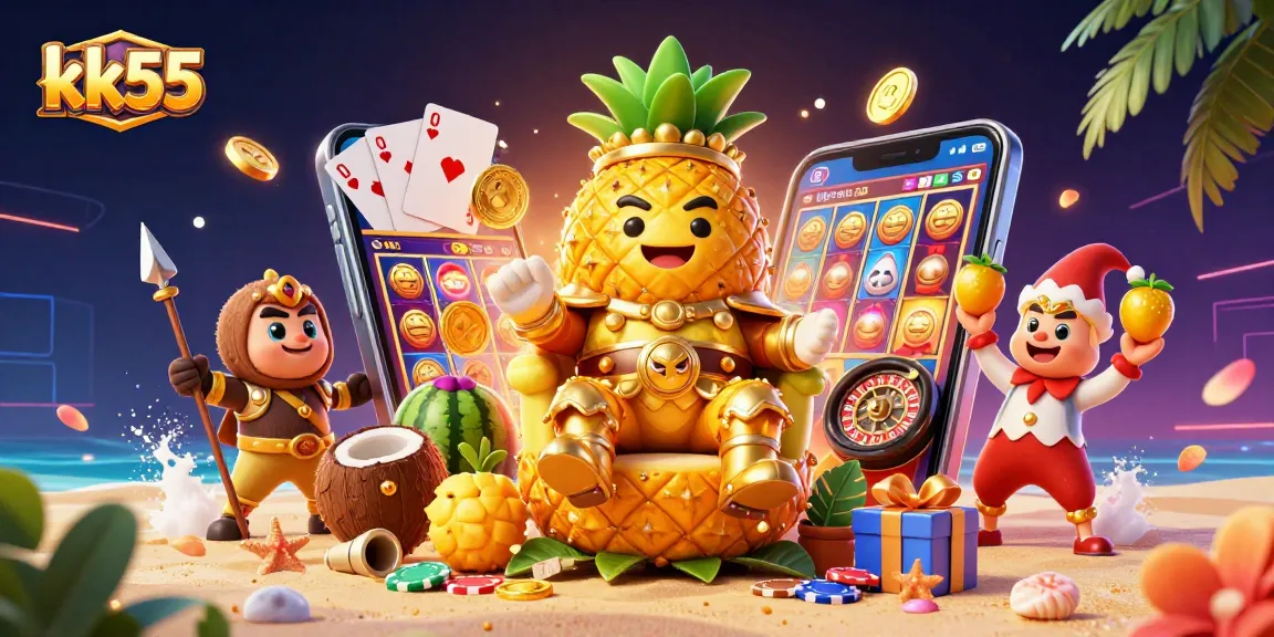 Engage in thrilling casino adventures with kk55 through vibrant 3D illustration of characters amidst dynamic gaming elements.