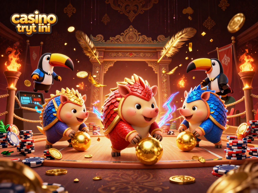Trải nghiệm casino trực tuyến với cặp tê tê vui nhộn và không gian đầy sắc màu.