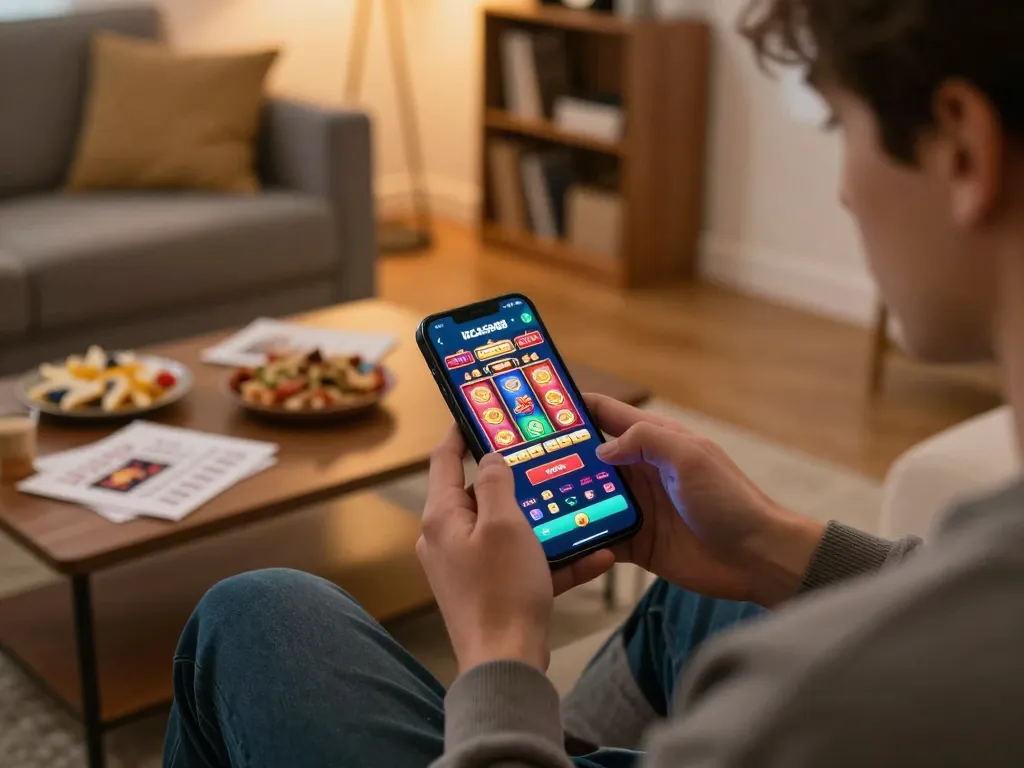 IDCASH88 user engages in online slots gameplay from a cozy living room setup, showcasing smartphone app and strategic notes.
