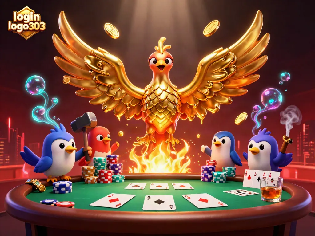 Melihat logo "login logo303" di ilustrasi kasino yang menggambarkan phoenix emas dan elemen poker yang menakjubkan.