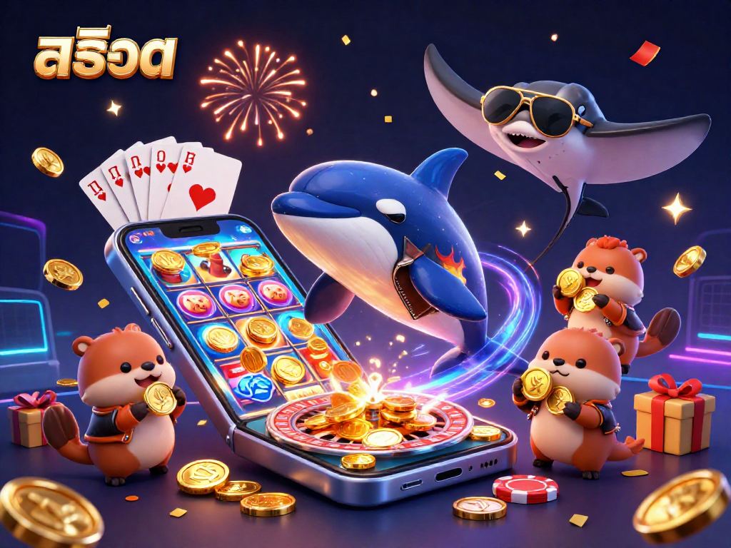 Spin the สล็อต reels with excitement featuring a cheerful orca, cool stingray, and sea otters holding golden coins.