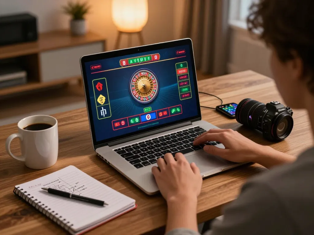 Engaging in an online W4U roulette game, showcasing strategy notes and a cozy atmosphere.