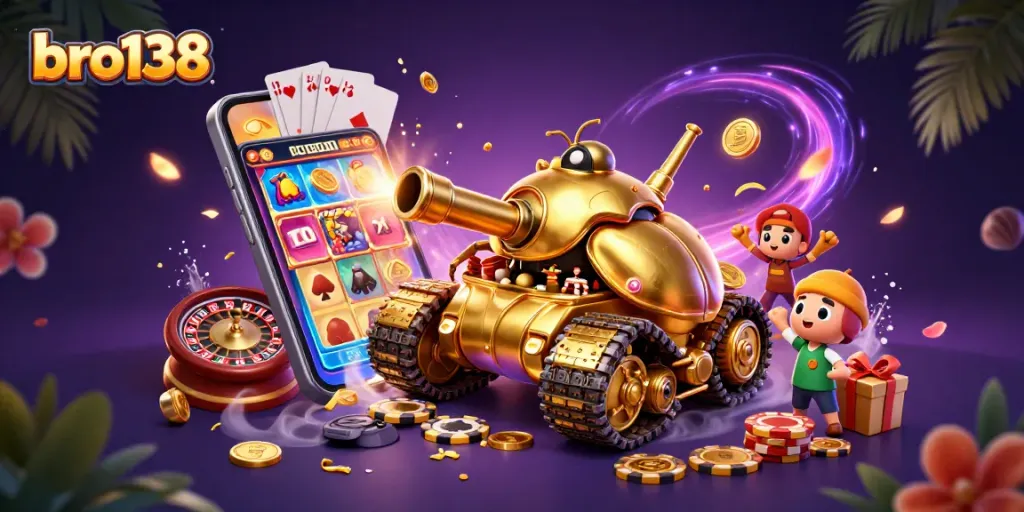 Engage with bro138's vibrant casino world featuring a golden beetle tank and dynamic game elements.