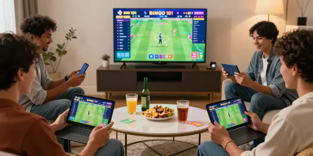 Bingo 101 app excitement with friends playing fantasy cricket on devices in a cozy environment.